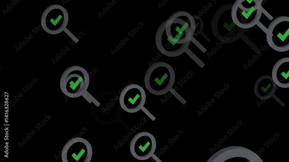 Poster animation of several check mark icons with magnifying glass, floating forward