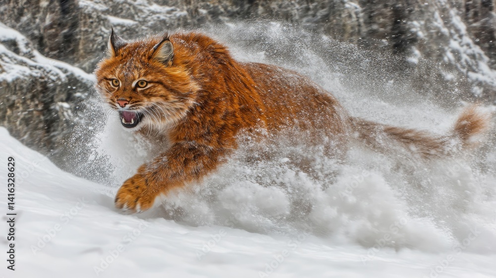 Poster energetic lynx captured in a snowy terrain displaying power and agility blending into the crisp wint