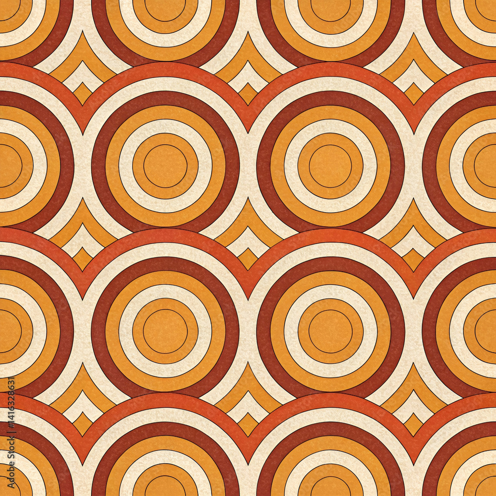 Aufkleber retro 70s geometric loop pattern seamless vector, featuring bold, swirling loops and vibrant colors 
