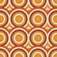 Fototapeta premium Retro 70s geometric loop pattern seamless vector, featuring bold, swirling loops and vibrant colors in a nostalgic design reminiscent of 1970s decor and style.