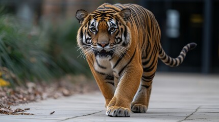 Fototapeta premium MajesticSumatranTigerProwlingFiercelyIntotheLensShowingItsMagnificentStripesandPowerMovingWithGracefulnessandStrengthinaNaturalisticSetting