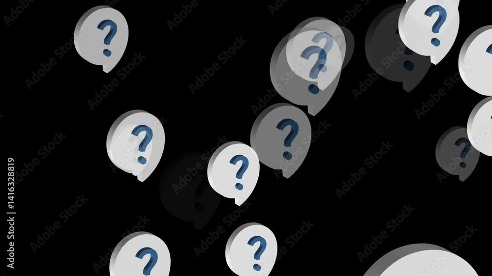 Poster animation of several question mark icons in speech bubbles floating forward