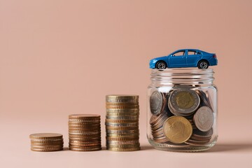 A miniature blue car surrounded by stacks of coins, representing savings for auto finance and insurance. Glass jar holds contributions for car-related expenses. Car tax, finance, and insurance concept