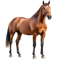 Naklejka premium A chestnut horse stands with a bridle on and a white star on its forehead in front of a black background