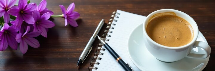 Fototapeta premium Warm coffee beside notebook, pen & vibrant purple blooms on wooden surface , notebook, vintage, writing