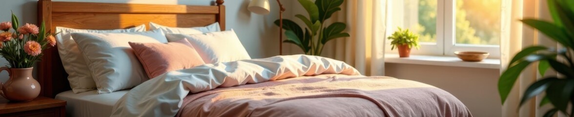 Soft morning light streams into a bedroom with plush bedding and floral accents , home, bedroom design, light