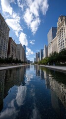 Calm Chicago Cityscape Reflected in a Water Feature with White Clouds and Blue Sky on a Sunny Day