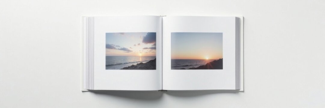 Modern minimalist open vertical photo album mockup with white background and grid pattern, photo album, minimalist style