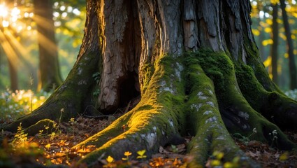 Majestic Tree Roots Covered in Moss with Sunlight in Forest