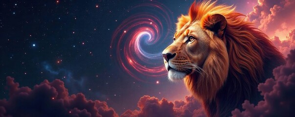 Majestic lion's mane, swirling galaxy backdrop, fierce, design, fantasy