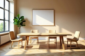 Large wooden table, simple chairs, bright room , space, meeting, desk