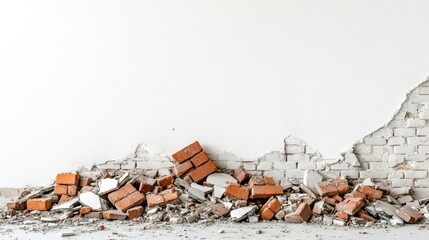 Broken bricks rubble pile against white wall construction demolition remains damaged brickwork debris scattered on floor architectural destruction renovation concept 