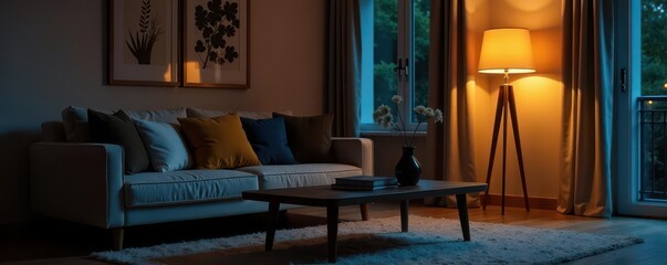 Dark living room, coffee table with clear space, warm lamp glow , minimal, contemporary