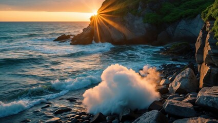 Fototapeta premium Coastal Scene at Sunset Waves Crashing Against Rocky Shoreline with Sunrays