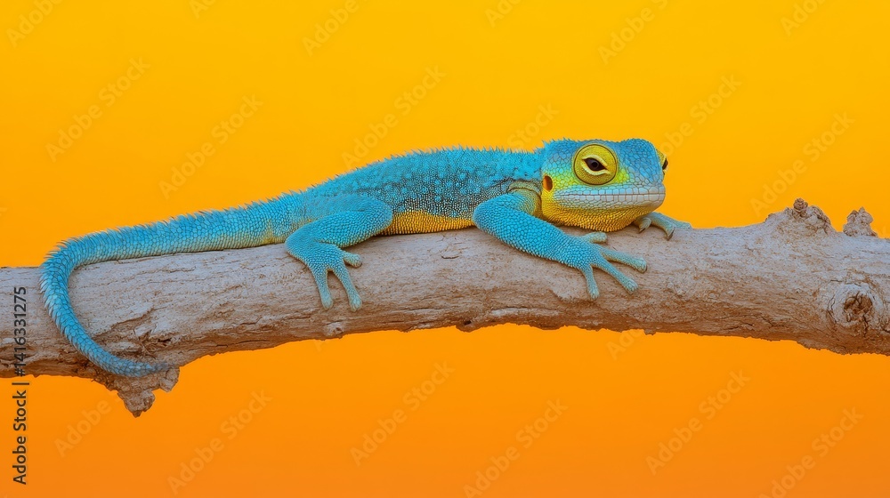 Poster striking azure gecko basking on a rough branch contrasting with a vibrant amber backdrop in a close 