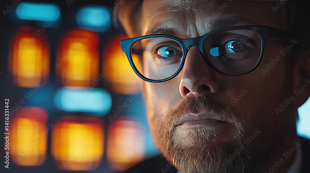 Poster focused man analyzing multiple monitors showing financial data in modern office environment