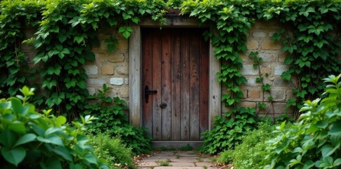 Old, worn wooden door with overgrown plants and vines , wood, nature
