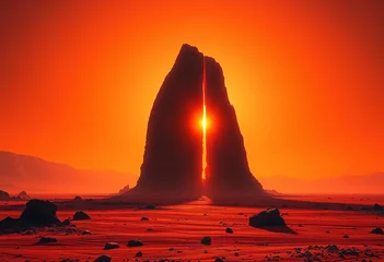 Fototapete Sunrise illuminates a colossal obsidian monolith on a desolate, red planet,  unidentified object,  scifi landscape © chanwut