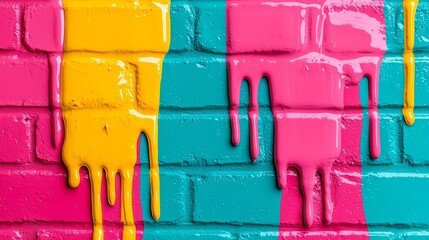 Vibrant Dripping Paint on Brick Wall Featuring Glowing Graffiti Art Style