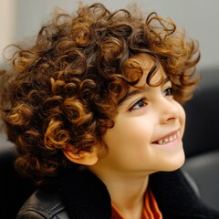 Fototapeta premium Captivating Portrait of a Joyful Young Boy with Curly Hair Looking Upward with Optimism and Innocence Charming Smile