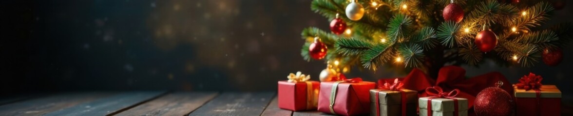 Ornate Christmas tree with garlands and presents under it, Festive Garlands, Sparkly Ornaments