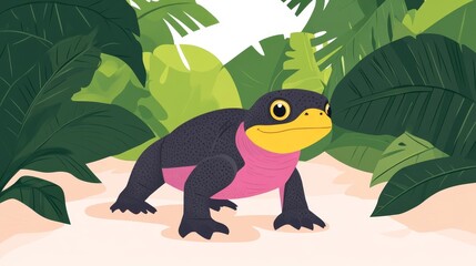 Fototapeta premium Pixelated Sapo Gardener, charming illustration of a pink-necked sapo gardener, depicted with retro gaming aesthetics and lush tropical foliage art concept, vibrant and simple