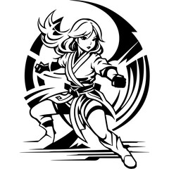 Fototapeta premium Tattoo emblem of young girl martial artist stands in a pose ready to fight in monochrome. Engraving minimalistic vector in black ink drawing on transparent background