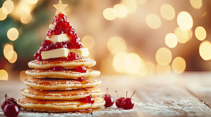 A stack of fluffy pancakes with maple syrup and butter, topped with cherry jam in the shape of Christmas trees. The background is blurred to highlight the front product.