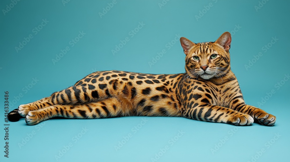 Poster captivating bengal cat lying gracefully on a serene backdrop showcasing striking rosette pattern and