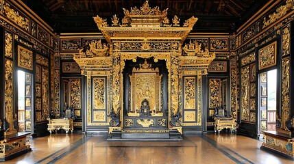 Naklejka premium Ornate golden throne in a grand, dark wood Asian palace room.