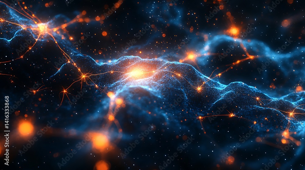 Poster glowing particle waves in abstract digital art