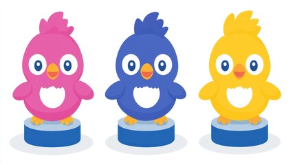 Fototapeta premium Pixelated trio of vibrant avian characters stand ready for use in gaming interfaces and educational resources fostering bright and engaging designs