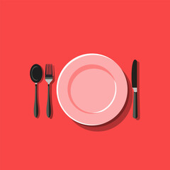 Empty dish, fork and spoon placed alongside. On orange background vector illustration