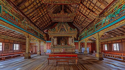 Obraz premium Ornate wooden interior of a traditional Asian temple.
