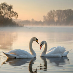 Fototapeta premium Swans on a foggy lake, a serene ultra-realistic image of two elegant swans gliding through the misty waters, surrounded by a soft, ethereal fog and quiet, still landscape.