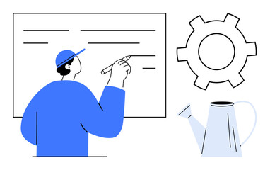 Person writing on whiteboard, gear symbolizing process, and watering can for growth. Ideal for strategy, education, teamwork, process, innovation, development simple landing page