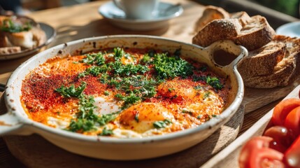 Delicious shakshuka with eggs tomato sauce parsley and paprika in a rustic pan on wooden table outdoor brunch setting