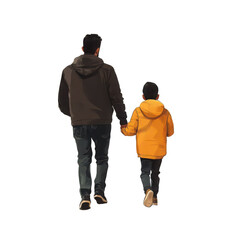 Father and son walking away holding hands, wearing hoodies and jeans, back view, isolated on black background