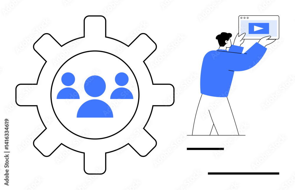 Poster gear with user icons symbolizing teamwork, individual showing a video screen. ideal for collaboratio