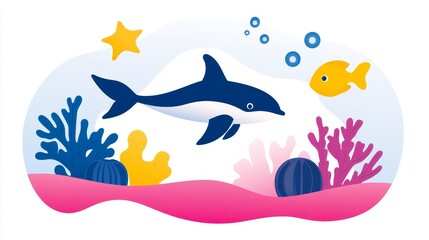 Fototapeta premium Marine life harmony illustration showcasing playful dolphin, colorful coral reefs and a cheerful fish among ocean bubbles and a radiant starfish glow