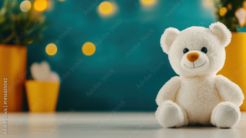 Poster a soft white teddy bear with a cheerful expression rests on a table surrounded by colorful flowerpot