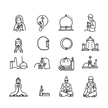 fully editable outline icon collection from religion concept. thin line icons set such as assr, muslim woman praying, muslim man praying, islamic halal, abrahamic,