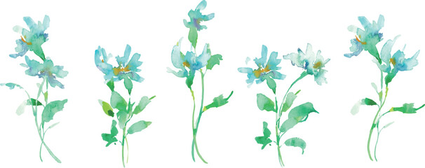 水彩画。水彩タッチのベクターイラスト。青い花のガーベライラスト。植物と花のベクターフレーム。Watercolor painting. Vector illustration with watercolor touch. Blue flowers gerbera illustration. Vector frame of plants and flowers.