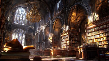 Fototapeta premium Sunlit grand gothic library interior with bookshelves, chandeliers, and stained glass.