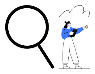 Female figure holding a tablet and pointing, standing near a magnifying glass and cloud shape. Ideal for search, analysis, technology, cloud services, navigation, discovery, simple landing page