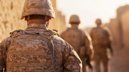 Soldiers Navigate Urban Environment During Combat Operations at Sunset
