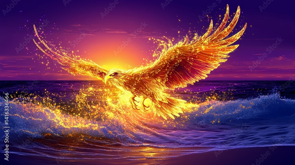 Poster fieryphoenixemergesoveroceanwaveitswingsablazewithmagicallightagainstdramaticsunsetskyportrayingtran