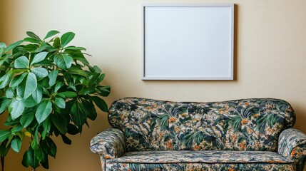 Cozy living room interior with floral loveseat blank frame and green plant against cream background perfect for home decor mockups 