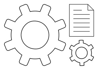 Large gear beside a smaller gear and a text document representing process, collaboration, workflow, management, development, mechanics, system design. Ideal for business, engineering process