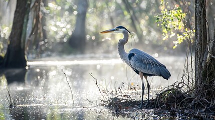 Great blue heron standing in misty swamp.